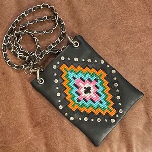 Black Crossbody Bag with Colorful Southwestern Embroidery